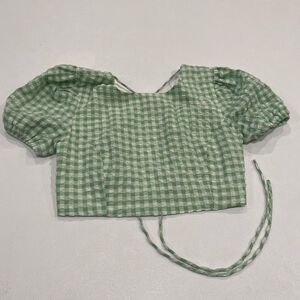 Bershka Green Gingham Puff Sleeve Crop Top M | Cottagecore Tie Back Blouse